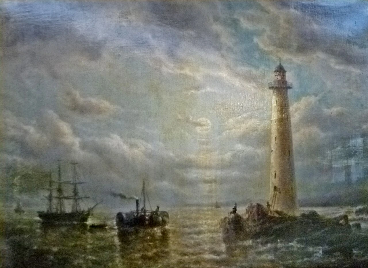 1820-François Musin - Paesaggio marino con barche, faro e figure